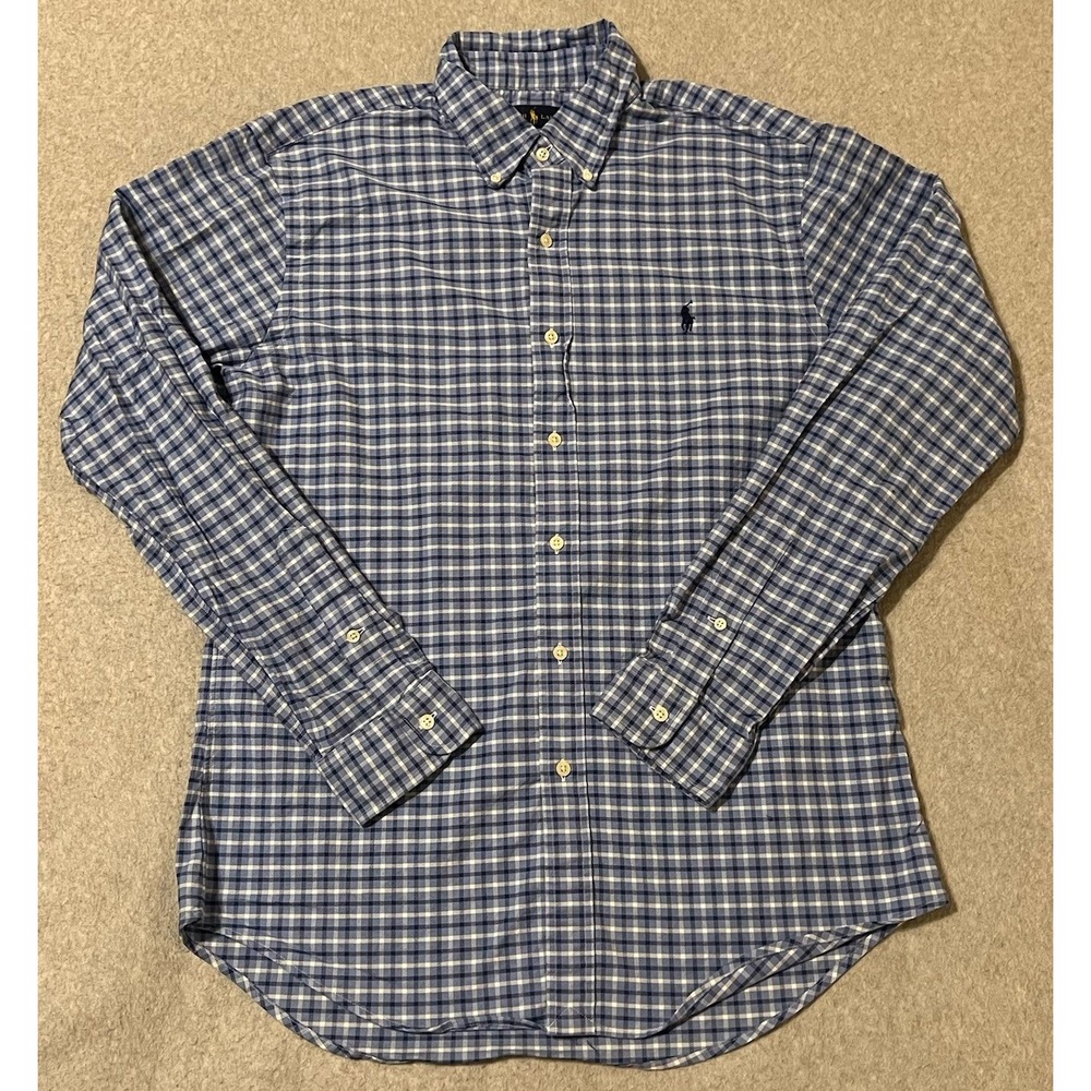 Ralph Lauren Shirt Men's Large Blue Tablecloth Check Plaid Stretch Oxford Slim